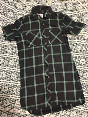 Topo Designs Black Short-Sleeve Button-Down Dress with Green Windowpane Check